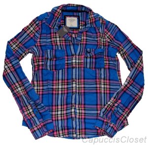 ABERCROMBIE & FITCH WOMENS HAILEY PLAID BUTTON DOWN SHIRT TOP BLUE PINK SZ L NWT