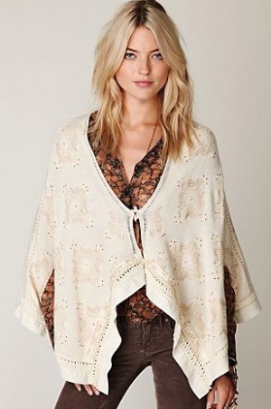 FREE PEOPLE IVORY EMBROIDERED SEQUINED WOOL ANGORA SWEATER CAPE PONCHO XS/S NWT
