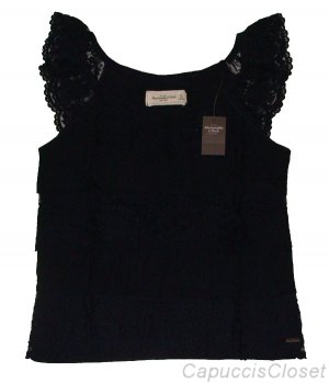 ABERCROMBIE & FITCH CHARISSA NAVY BLUE TIERED RUFFLE LACE T-SHIRT TEE TOP M NWT