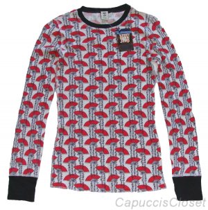 LUCKY BRAND JEANS WOMENS RED BLACK FAN PRINT THERMAL SHIRT TOP SZ L NEW NWT $54