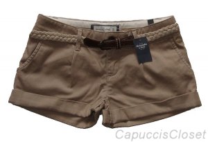 ABERCROMBIE & FITCH WOMENS EVETTE KHAKI BELTED TWILL SHORTS SZ 00 NEW NWT $68