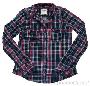 ABERCROMBIE & FITCH WOMENS HAILEY PLAID BUTTON DOWN SHIRT TOP NAVY RED SZ L NWT