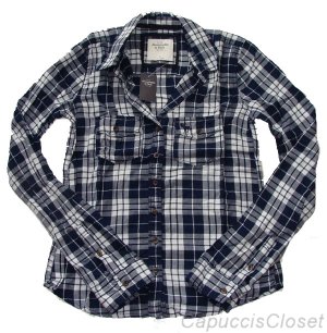 ABERCROMBIE & FITCH WOMENS HAILEY PLAID BUTTON DOWN SHIRT TOP NAVY WHITE S NWT