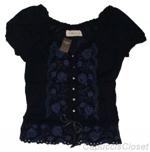 ABERCROMBIE & FITCH MANDY NAVY BLUE EMBROIDERED BOHO PEASANT SHIRT TOP M NEW NWT