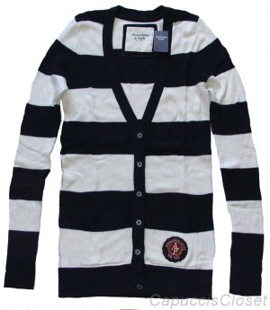 ABERCROMBIE & FITCH PIPER NAVY CREAM STRIPE V-NECK CARDIGAN SWEATER TOP SZ S NWT