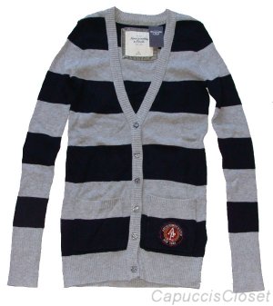 ABERCROMBIE & FITCH PIPER NAVY GREY STRIPE V-NECK CARDIGAN SWEATER TOP SZ XS NWT