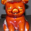 Hull Piggy Bank - Sitting Pig - Brown w/ Drip Turquoise