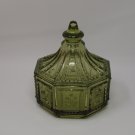 Imperial Glass Vintage Tiara Olive Green Hexagon Bird & Flower Design Candy Dish w/Lid
