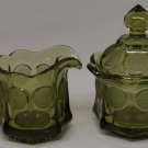 Fostoria Vintage Olive Green Frosted Coin Pattern Sugar Bowl with Lid & Creamer EUC Fostoria Vintage Olive Green Frosted Coin Pattern Sugar Bowl with Lid & Creamer EUC