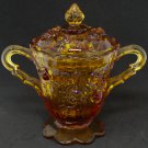 Fenton Vintage Gold Amber Raised Cabbage Rose Sugar Bowl with Lid EUC