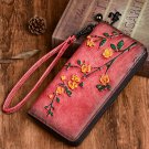 Women's Leather Wallet Vintage Floral Wristlet Zipper Clutch with Hand Strap