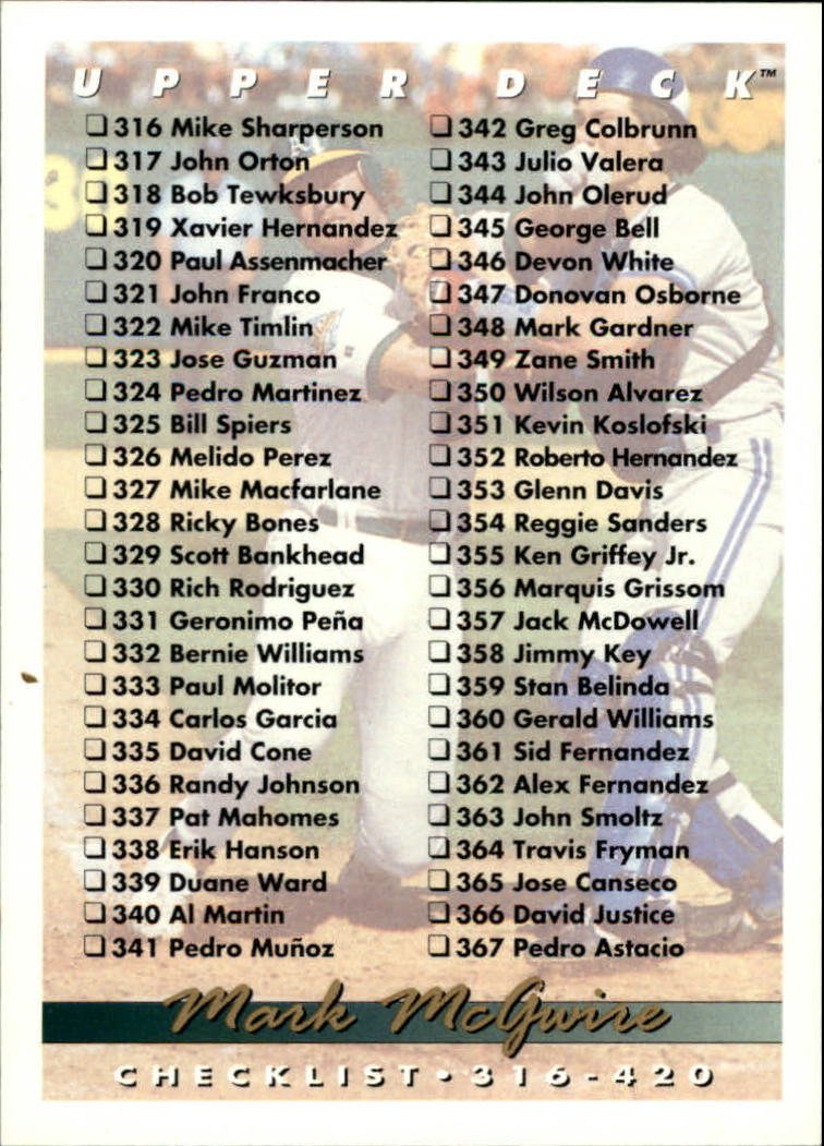 1993 Upper Deck 420 Checklist 316-420 McGwire