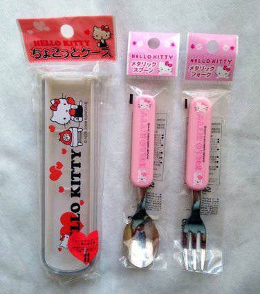 Sanrio Hello Kitty Stainless Steel Fork & Spoon Set with Case - Kids Cutlery, Kitchen Essential