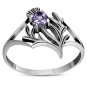 Scottish Thistle Silver Ring, Mix-US-Size, set w Amethyst Stone