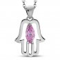 Hamsa Silver Pendant, set w Pink CZ, hand of Fatima, Solid Sterling Silver