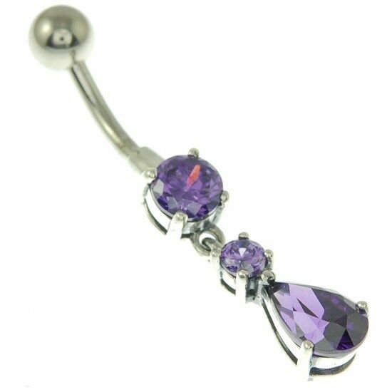 Belly Navel ring set w Drop Dangle Amethyst CZ, 316L Steel & Silver