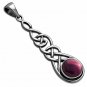 Long Celtic Knot Sterling Silver Pendant, set w Garnet Stone