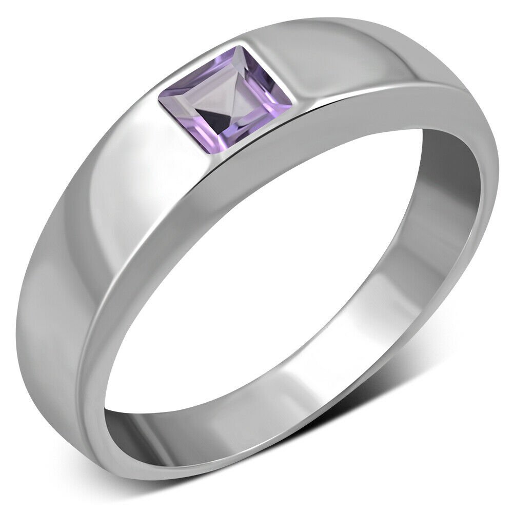 Simple Amethyst Stone Solid Band Silver Ring, MIX US Size, Sterling Silver