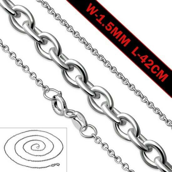 Sterling Silver Oval Rolo Cable Chain, Length 16.8in / 42cm, Width 1.5mm