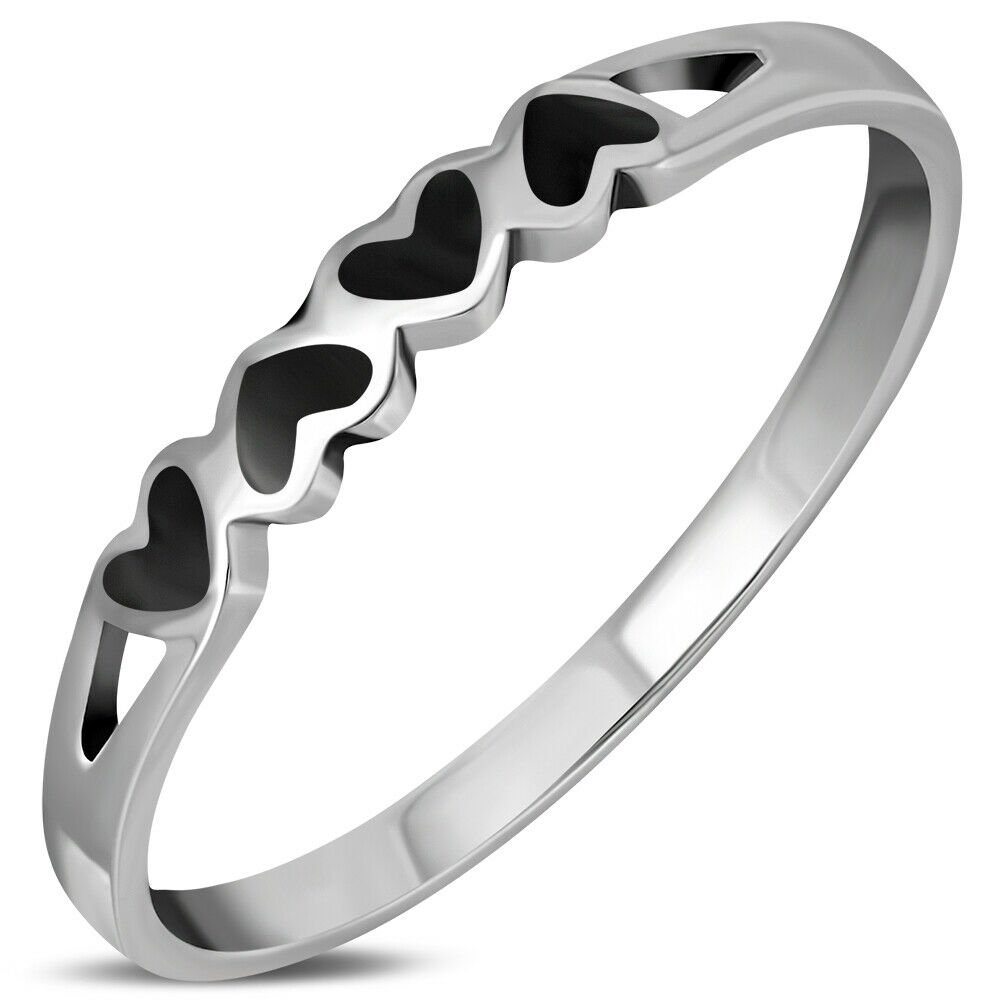 Hearts Black Onyx Silver Ring, MIX US SIZE, 925 Solid Sterling Silver,