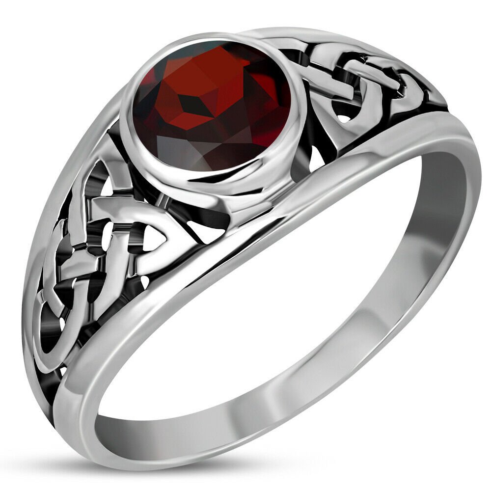 Celtic Knot Stone Silver Ring, Mix-US-Size, w Garnet, 925 Solid Sterling Silver,
