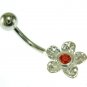 Hammered Flower Belly Ring, set w Garnet CZ, 316L Surgical Steel & Silver