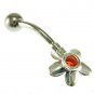 Hammered Flower Belly Ring, set w Garnet CZ, 316L Surgical Steel & Silver