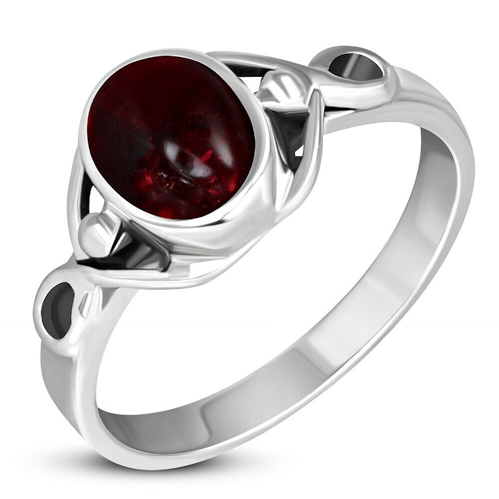 Garnet Stone Celtic Style Silver Ring, size 6 US, Solid Sterling Silver