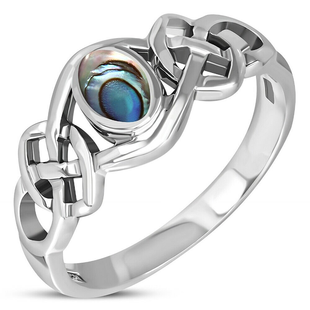 Celtic Knot Silver Ring, Mix-US-Size, w Abalone Shell, Solid Sterling Silver,
