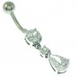 Drop Dangle Belly Navel Silver Ring, set w Clear CZ, 316L Steel & Silver