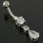 Drop Dangle Belly Navel Silver Ring, set w Clear CZ, 316L Steel & Silver