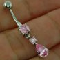 Drop Dangle Belly Navel Ring, set w Pink CZ, 316L Steel & Solid Silver