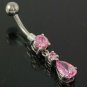 Drop Dangle Belly Navel Ring, set w Pink CZ, 316L Steel & Solid Silver