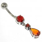Belly Navel ring, set w Drop Dangle Garnet CZ, 316L Steel & Solid Silver