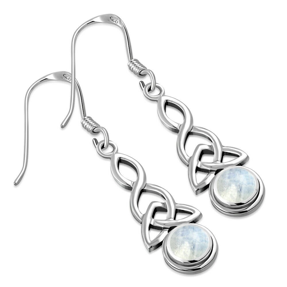 Long Rainbow Moonstone Trinity Knot Silver Earrings, 925 Solid Sterling Silver