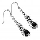 Celtic Knot Long Sterling Silver Earrings, set w Black Onyx Stone, e297