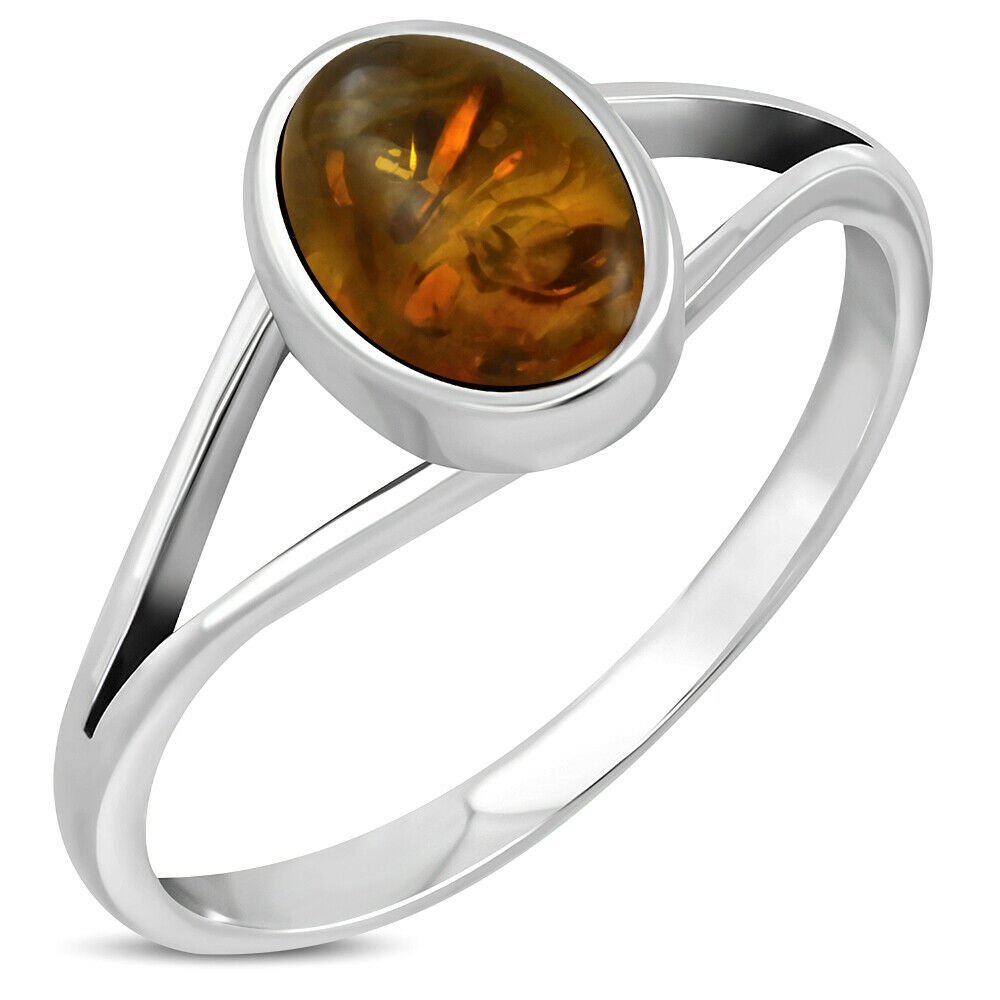 Simple Baltic Amber Silver Ring, Size 8 US, 925 Solid Sterling Silver