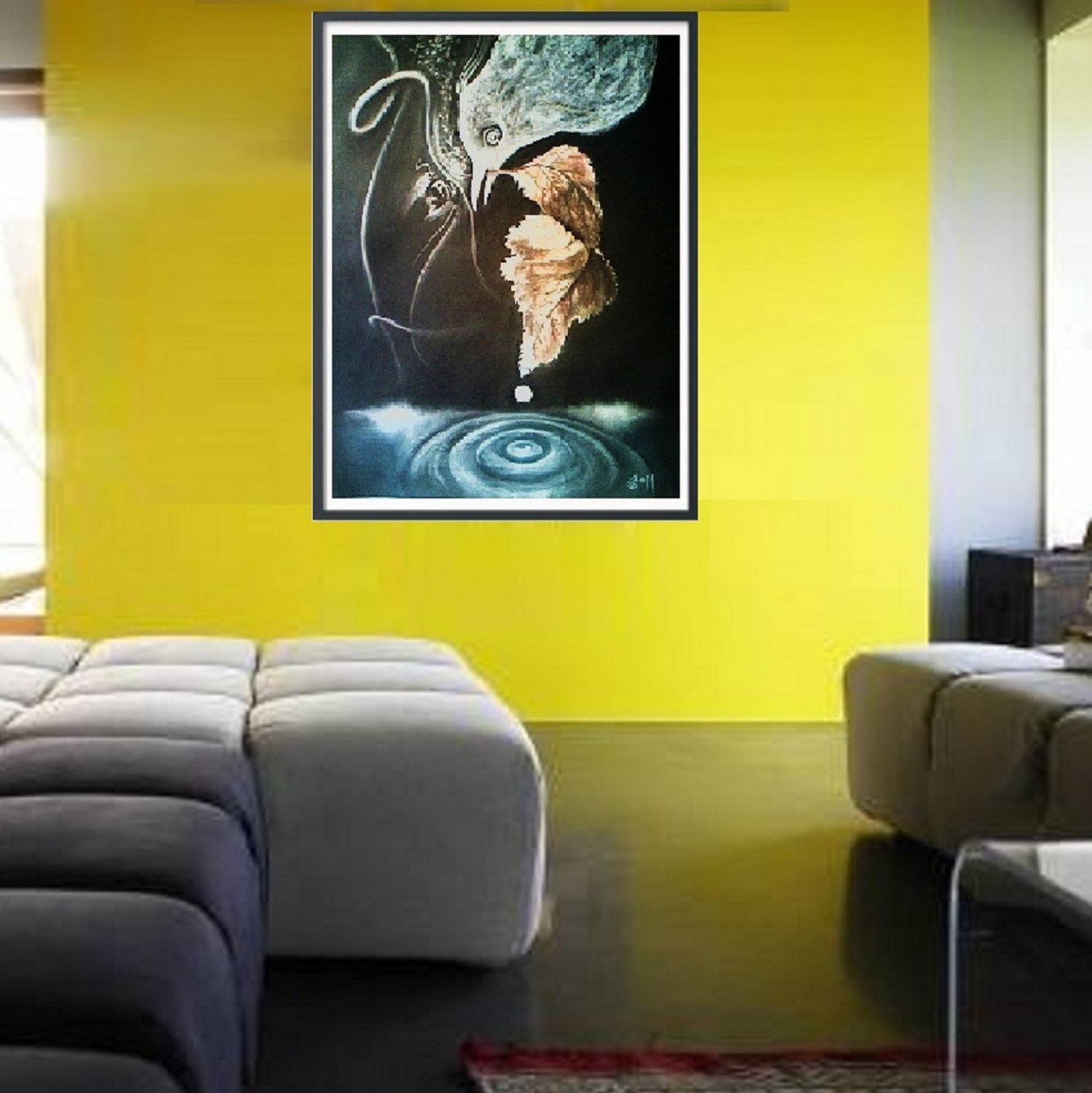 Pastel drawing Black and white night bird