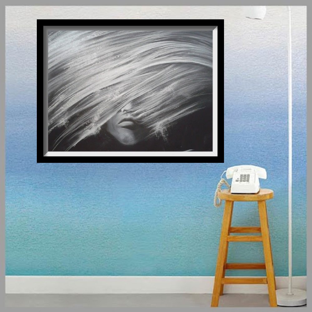 Pastel drawing Black and white night bird05