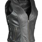 Womens Real Leather Waistcoat Gilet Biker Ladies Vintage Sleeveless Vest Size S