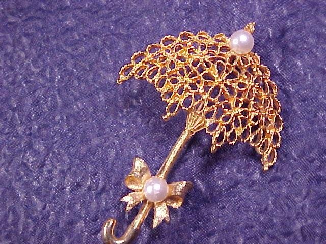 Mamselle Umbrella Faux Pearl Vtg Pin Brooch