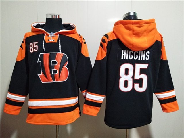 Cincinnati Bengals #85 Tee Higgins Black Lace-Up Pullover Hoodie Jersey