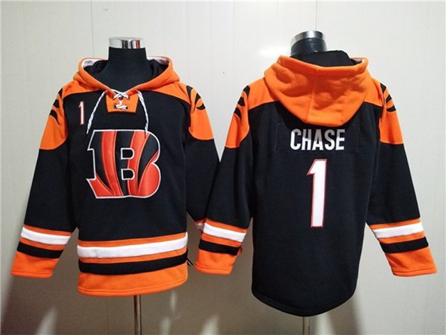 Cincinnati Bengals #1 Ja'Marr Chase Black Lace-Up Pullover Hoodie Jersey