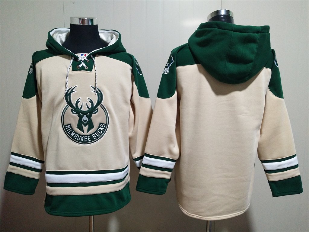 Men's Milwaukee Bucks Blank Custom Any Name/Number Cream Green Lace-Up Pullover Hoodie Jersey
