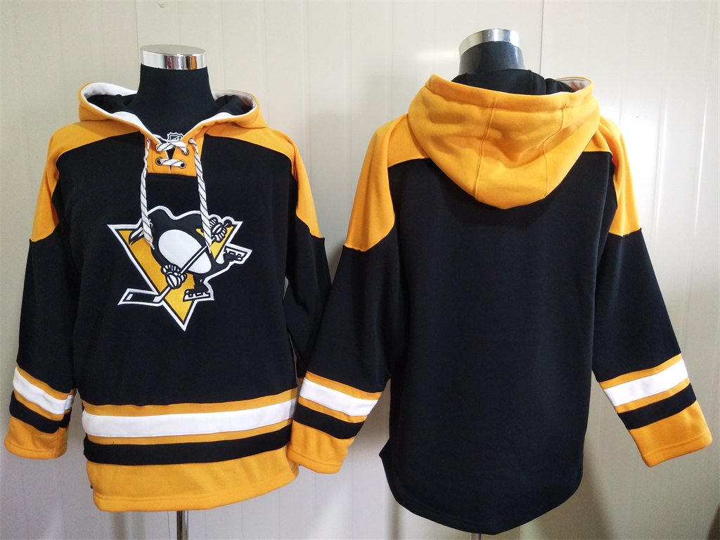 Men's Pittsburgh Penguins Blank Custom Any Name/Number Black Gold Lace-Up Pullover Hoodie Jersey