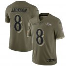 Men's Baltimore Ravens #8 Lamar Jackson 2022 Olive Salute To Service Limited Stitched Jersey
