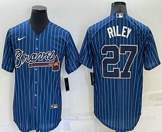 Men's Atlanta Braves #27 Austin Riley Navy Blue Pinstripe Stitched Jersey