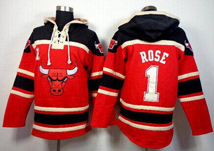Men's Chicago Bulls #1 Derrick Rose Red Lace-Up Pullover Hoodie Jersey