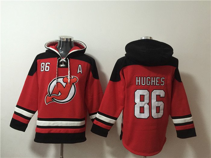 Men's New Jersey Devils #86 Jack Hughes Red Lace-Up Pullover Hoodie Jersey