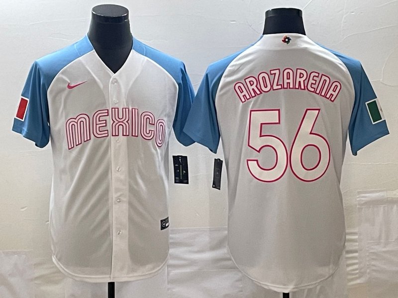 Men's Mexico Baseball 56 Randy Arozarena 2023 White Blue World